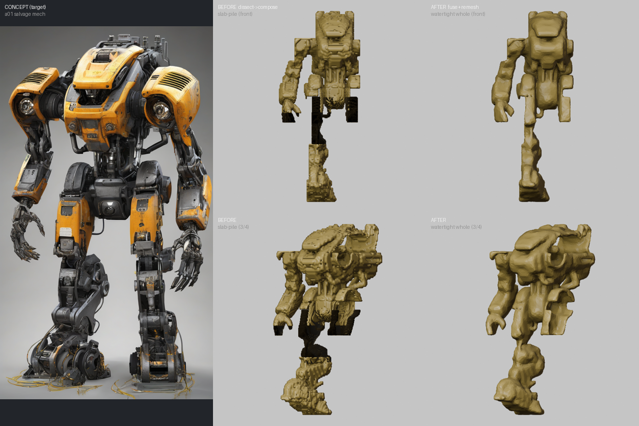 Concept target beside before (dissect-compose slab-pile) and after (watertight fused whole), front and three-quarter