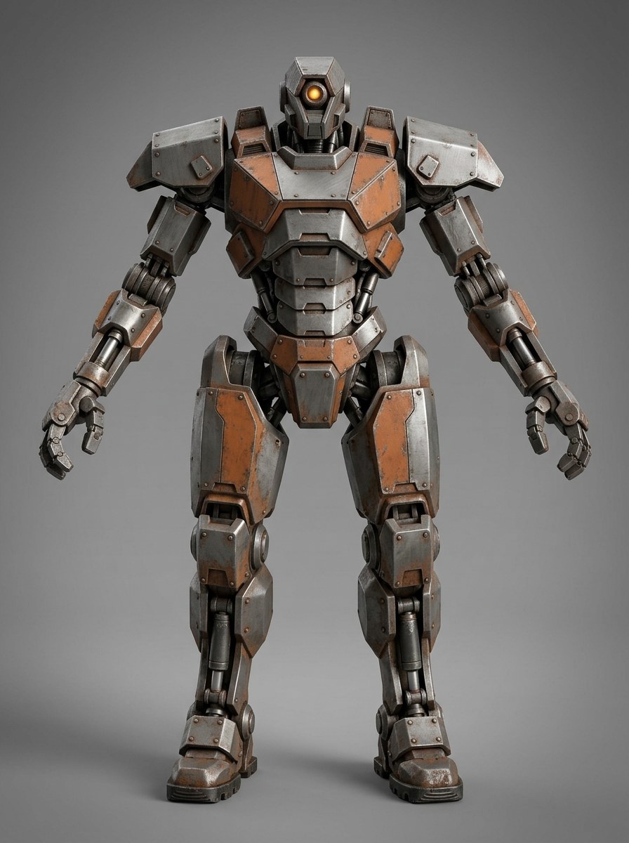 a01 concept driver — gunmetal salvage mech with rust-orange panels, amber optic