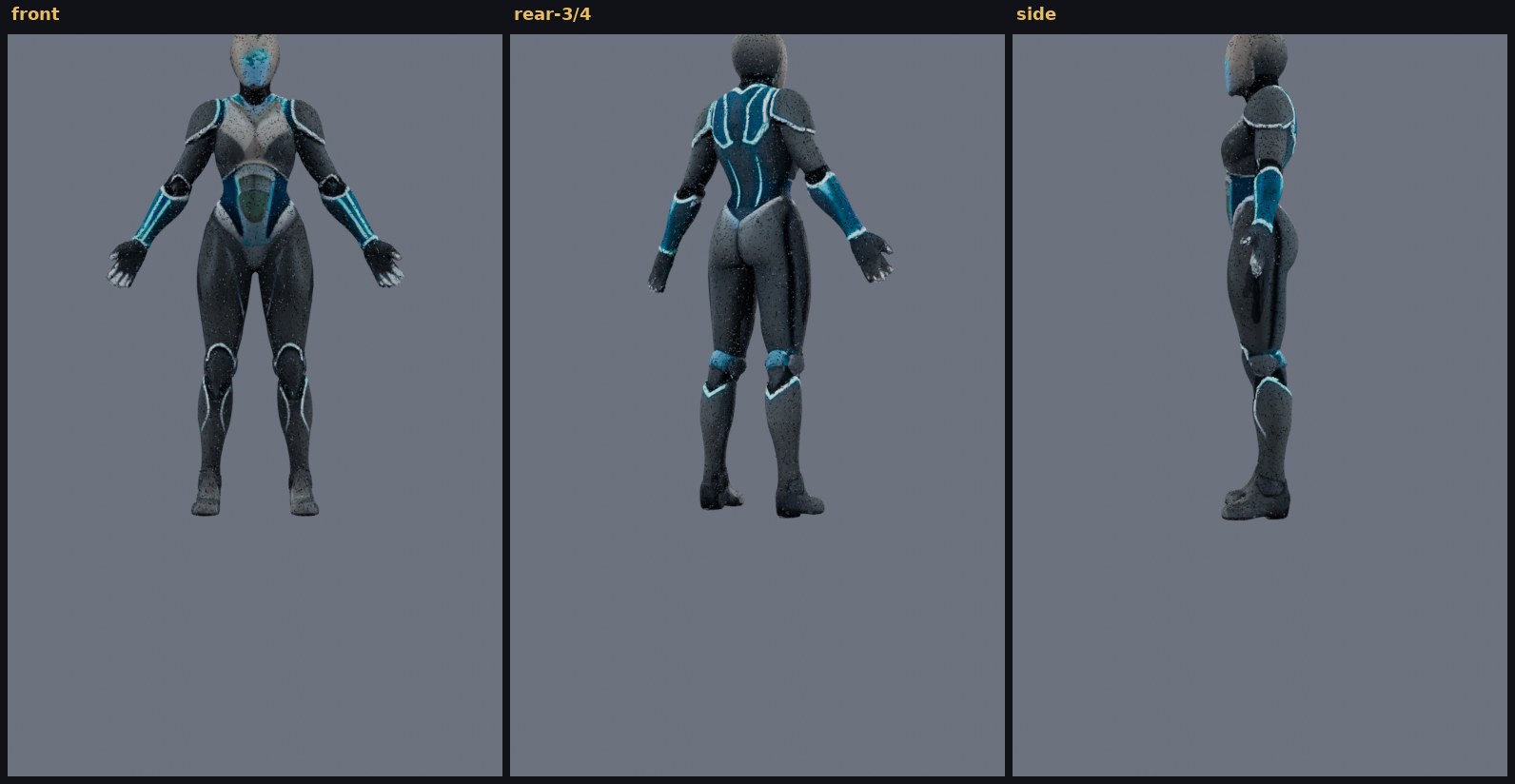 a02 forged mech, three views