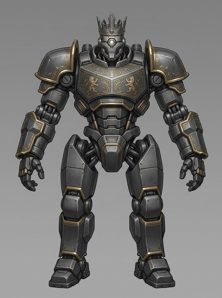 android_king concept driver — crowned mechanical monarch with gold trim