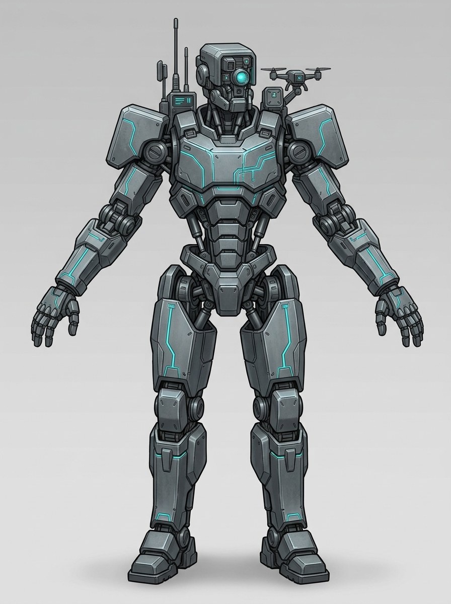 aura_net concept driver — heavy dark combat mech with cyan emissive tracery and shoulder-mounted array