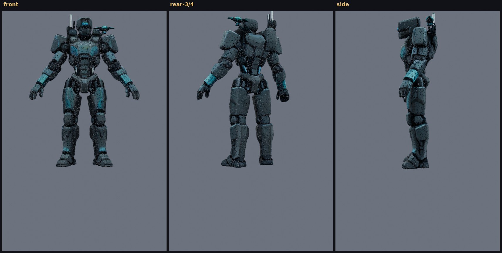aura_net forged mech, three views