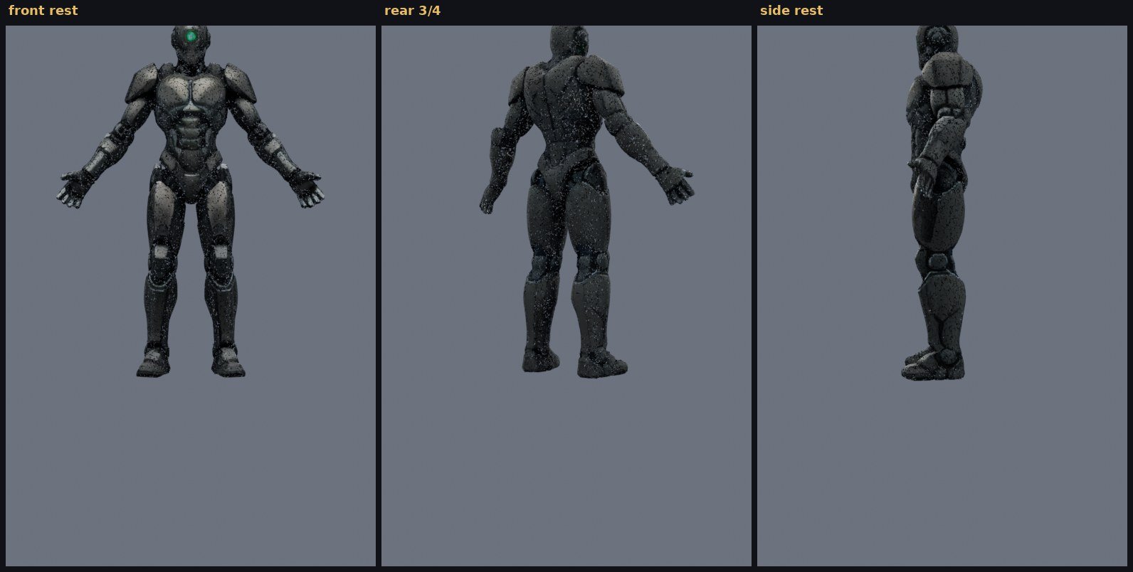 chronosync forged mech, three views