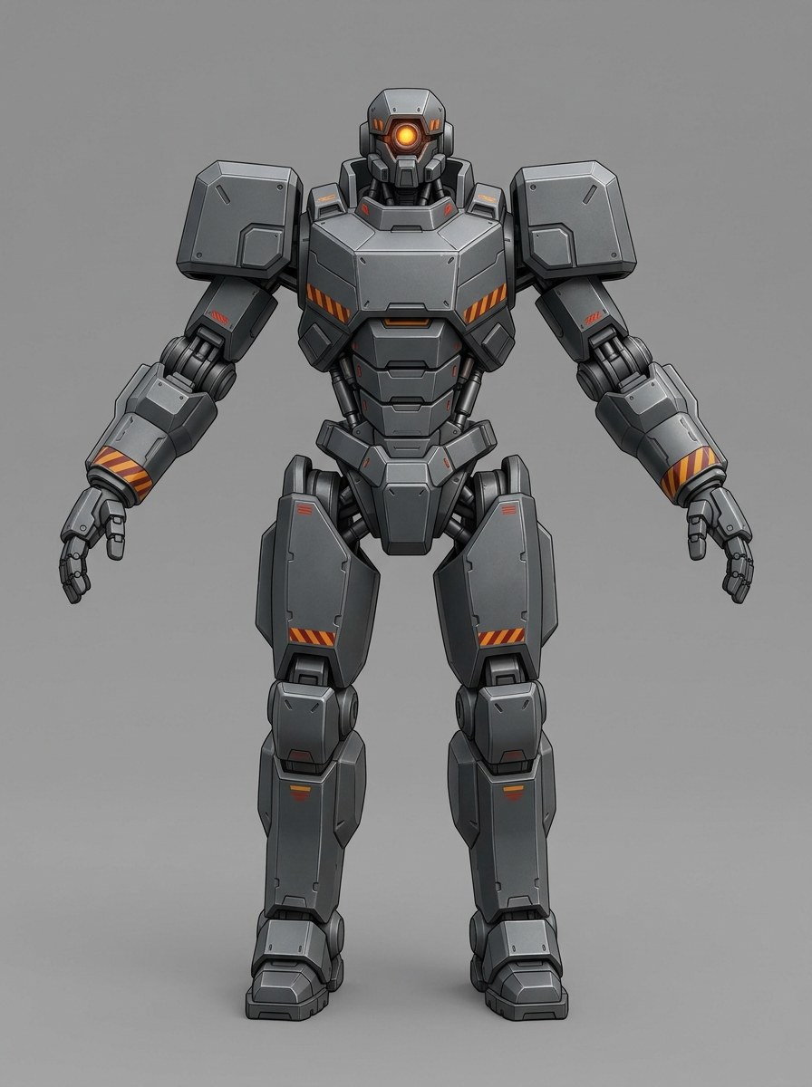daemon_enforcer concept driver — gunmetal heavy enforcer mech with orange hazard stripes and a single amber optic