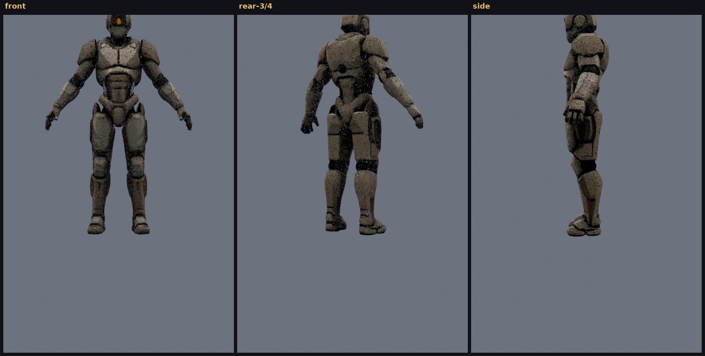 dharma_unit_7 forged mech, three views