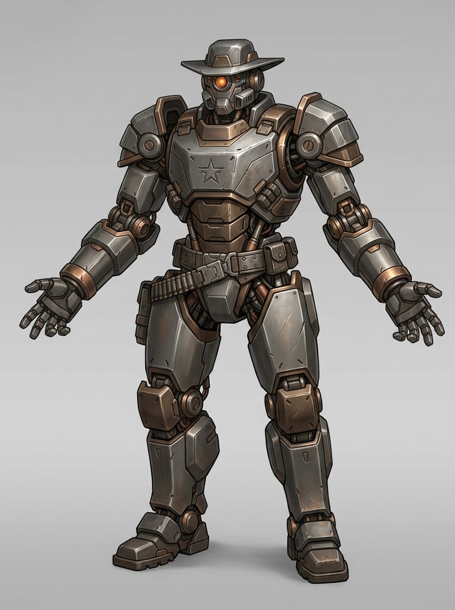 doc_holliday_7 concept driver — western gunslinger mech with a wide-brimmed hat, star chest emblem and bronze trim on gunmetal