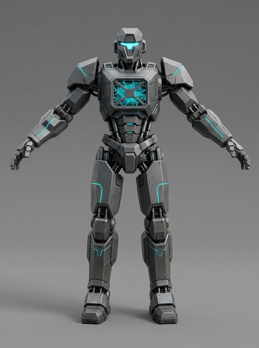 nexus_prime concept driver — gunmetal heavy mech with cyan accents and a glowing cyan wireframe chest panel