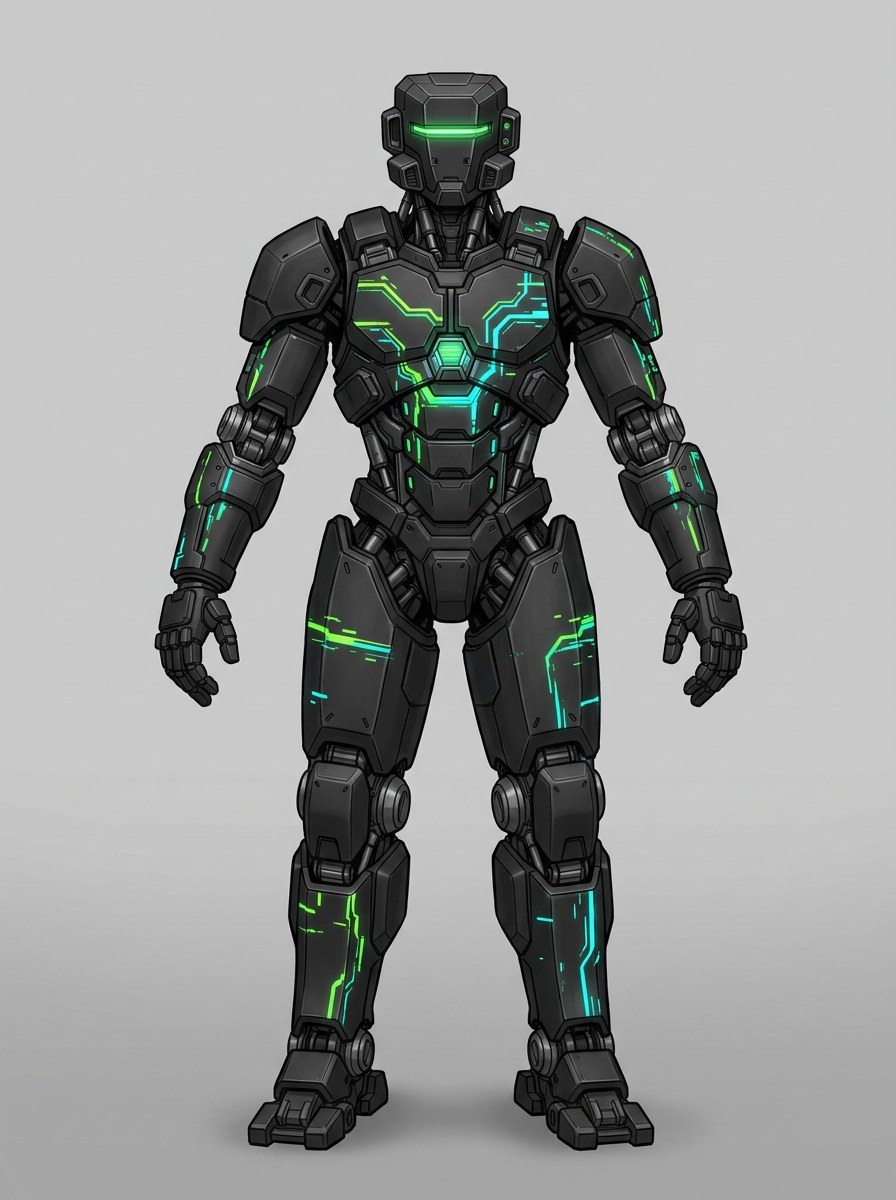 null_pointer concept driver — matte-black armored mech with green and cyan circuit tracery, green optic slit