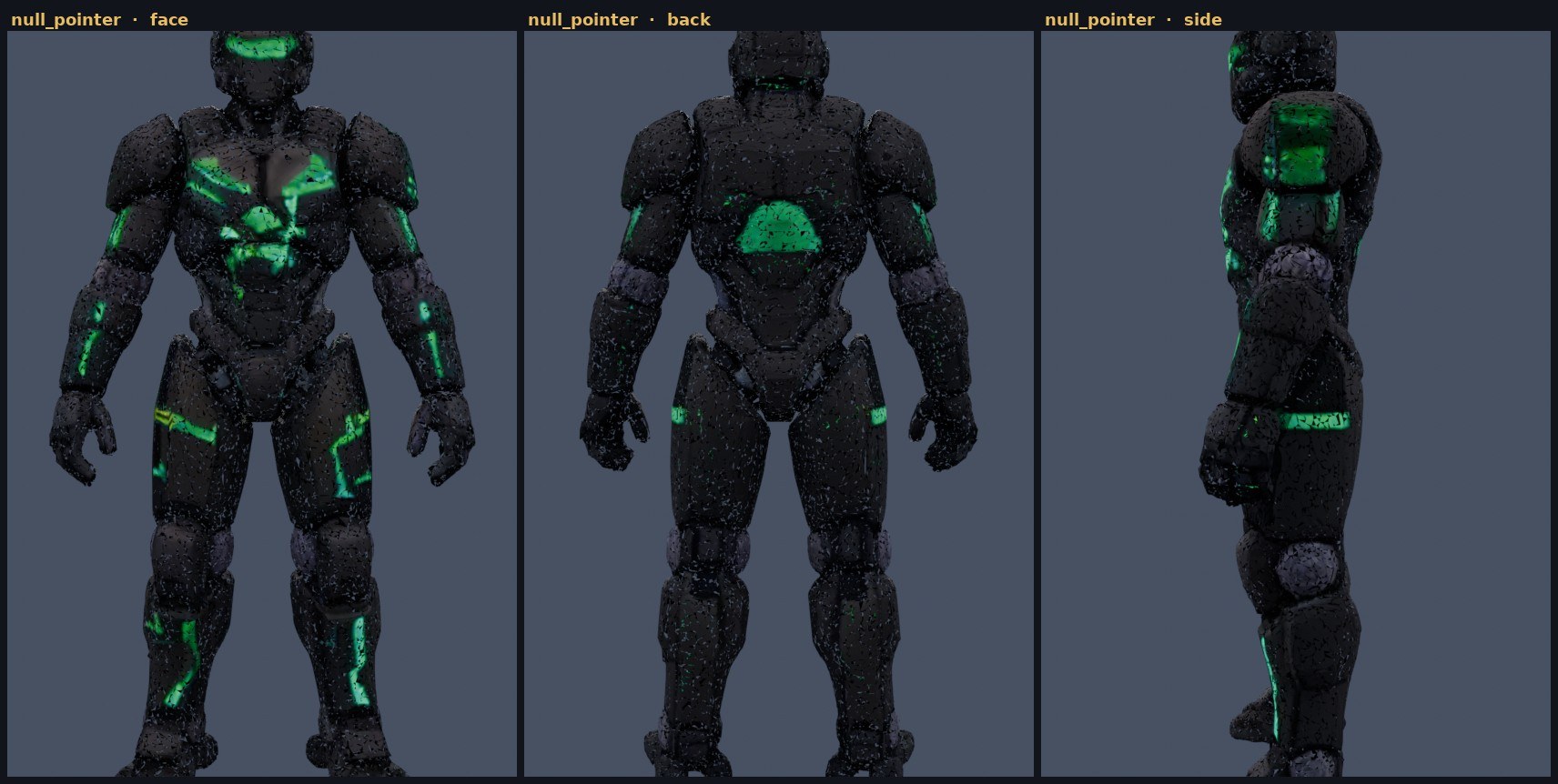 null_pointer forged mech, three views