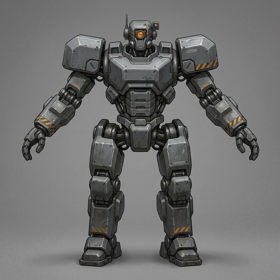 r01 concept driver — heavy blocky robot with amber warning stripes