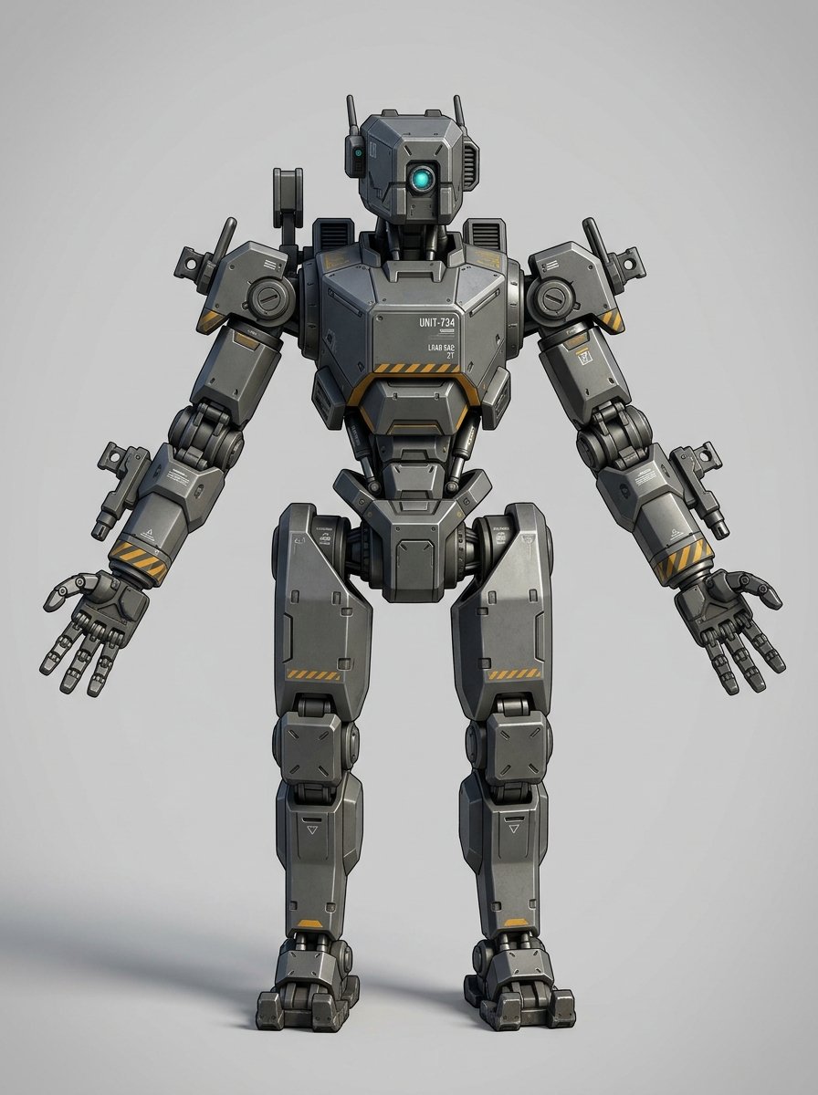 r02_service_bot concept driver — gunmetal utility service bot with boxy sensor head and antenna, cyan single optic, UNIT-734 chest labeling, screwed pauldrons, five-finger manipulator hands and yellow hazard-stripe accents