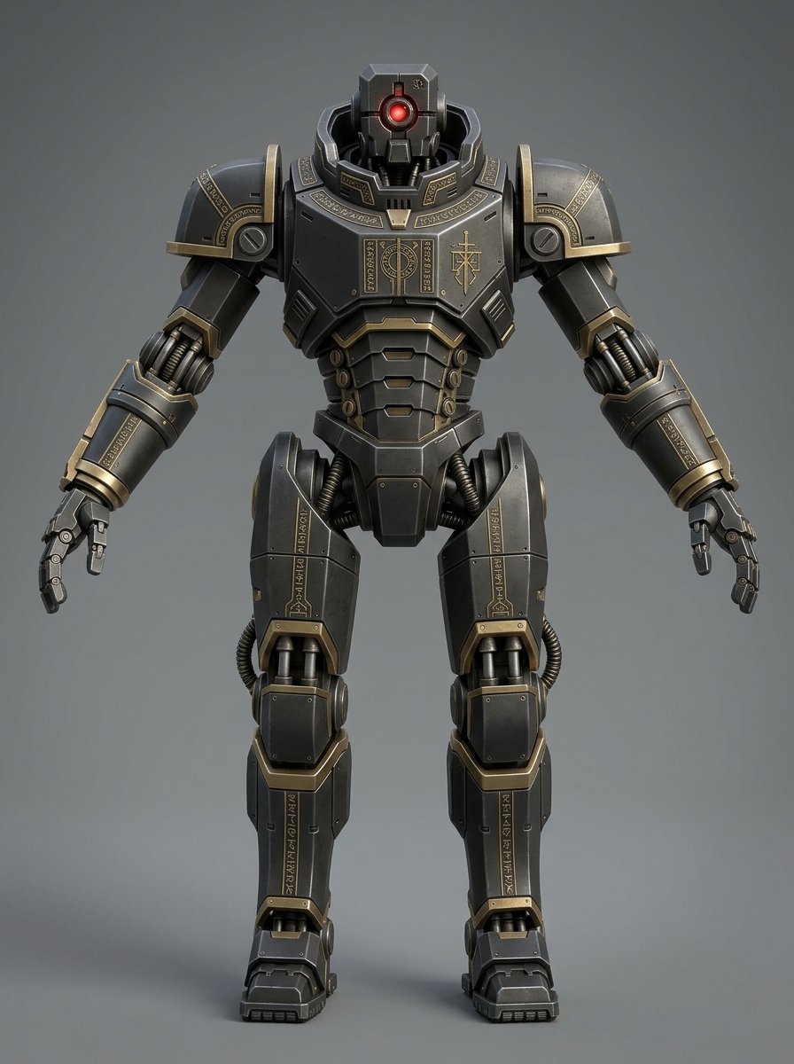 rev9_preacher concept driver — heavy gunmetal zealot mech with bronze engraved trim, a single red cyclops optic and broad pauldrons