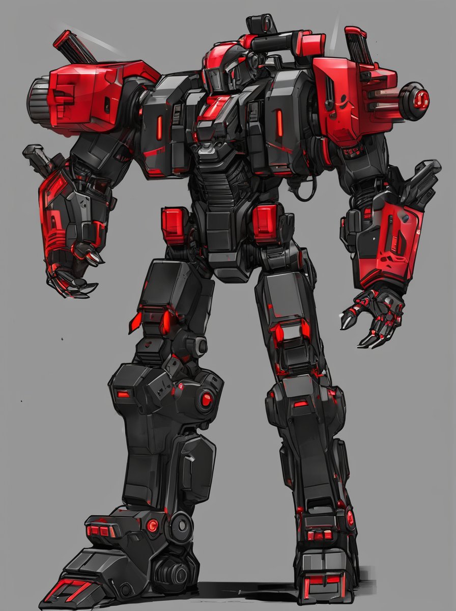 shadow_null_bruiser concept driver — heavy black-and-red brawler mech with massive shoulder-mounted cannon pods, red emissive chest slits, clawed manipulator hands and blocky red-accented legs