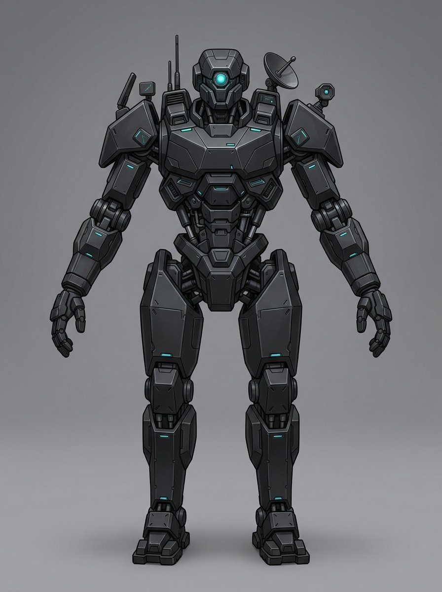 shadow_signal_jammer concept driver — matte-black electronic-warfare mech with head antenna mast, shoulder satellite dish and sensor domes, cyan emissive accents and a glowing cyan optic