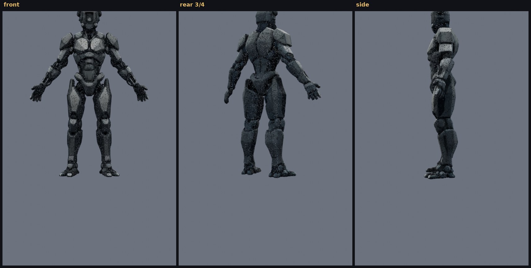 the_synthetic_analyst forged mech, three views