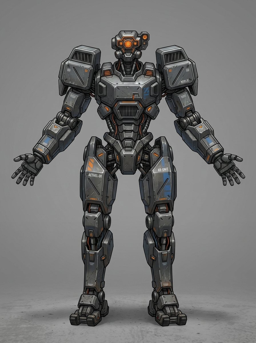 vex_7 concept driver — heavy gunmetal battle mech with massive angular pauldrons, layered armored chest with orange vents, and a single orange optic head