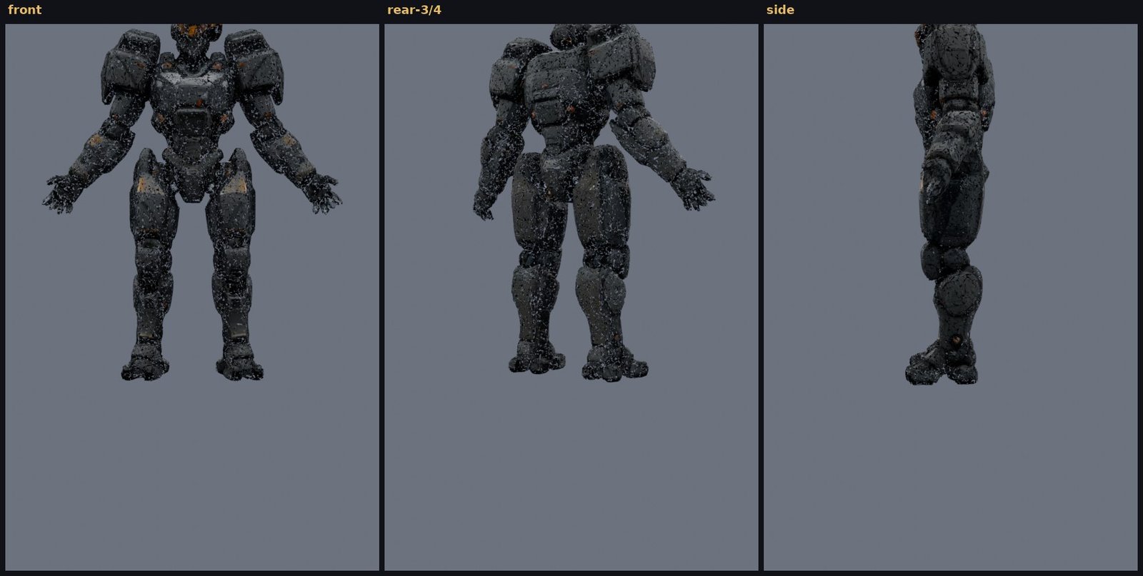 vex_7 forged mech, three views