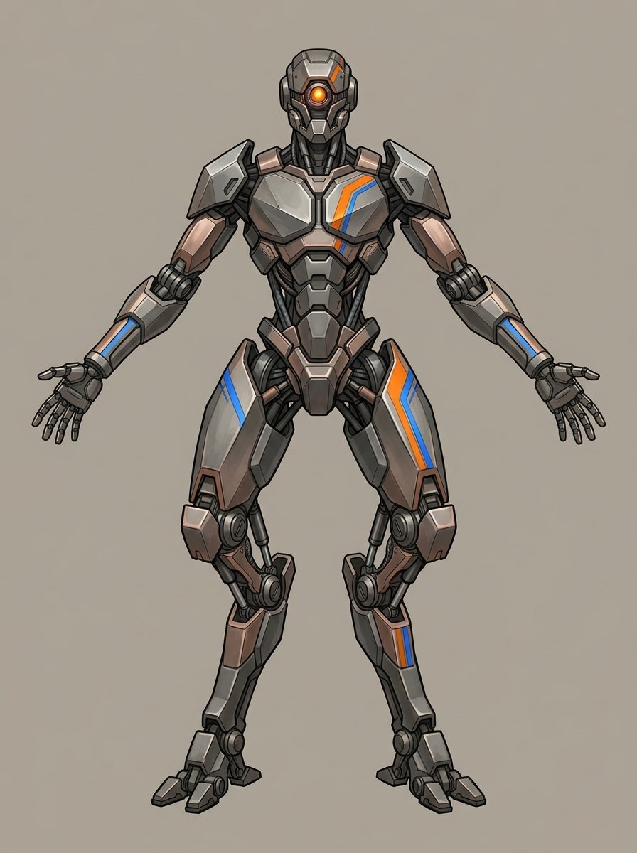 vite_01 concept driver — gunmetal recon android with orange and blue accent stripes on chest, forearms and thighs, amber optic head
