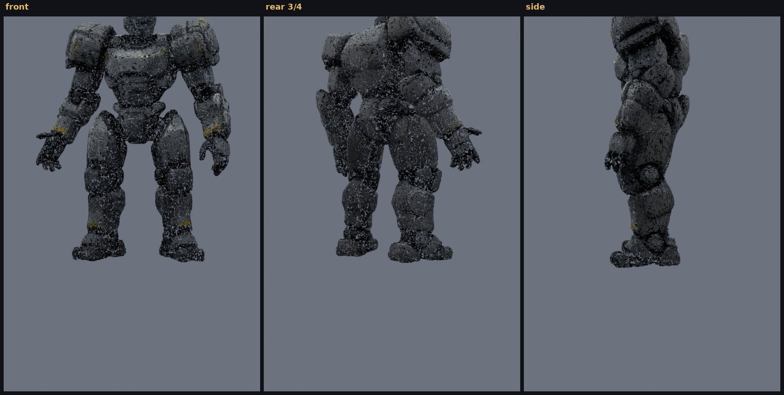 zig_combat_android forged mech, three views