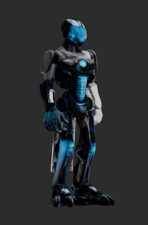 a01 rebuilt as a composed mech: Quaternius Mike golden body with grafted domes, chest plate and claws, salvage recolor