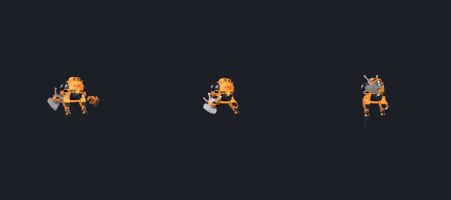 a01 composed mech wielding a cannon in idle, walk and shoot poses, with a rocket pack augment