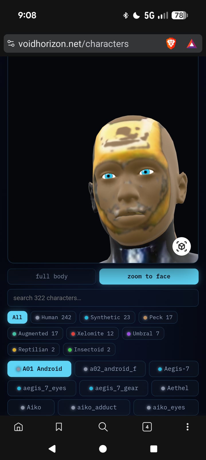 a01 in the character browser: a forged mech texture smeared over a humanoid head, garbled yellow forehead and empty face