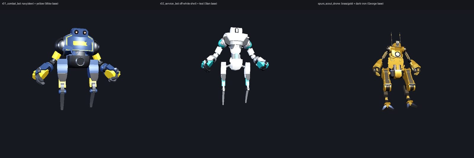 three composed walkers: r01 navy/yellow combat bot on Mike, r02 white/teal medic on Stan, spurs brass drone on George