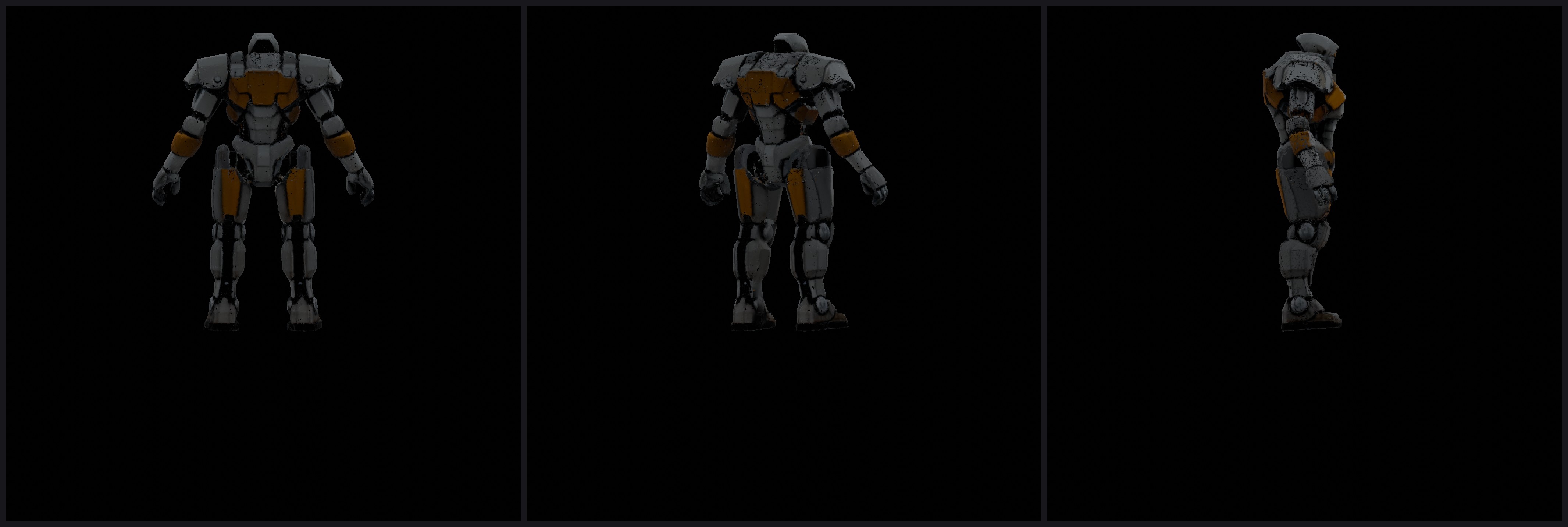a01 reforged as one coherent hard-surface mesh: gunmetal-grey and rust-orange salvage mech, front, rear, and side views, clean silhouette with no visible part seams