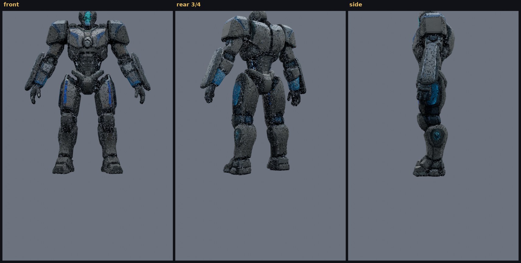 aegis_7 coherent hard-surface jaeger-style mech, dark grey plating with teal accents, front, rear, side