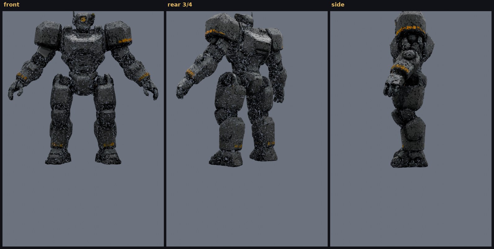r01 reforged as one coherent hard-surface heavy combat robot, chunky gunmetal-grey armor plates with amber accents, front, rear, side