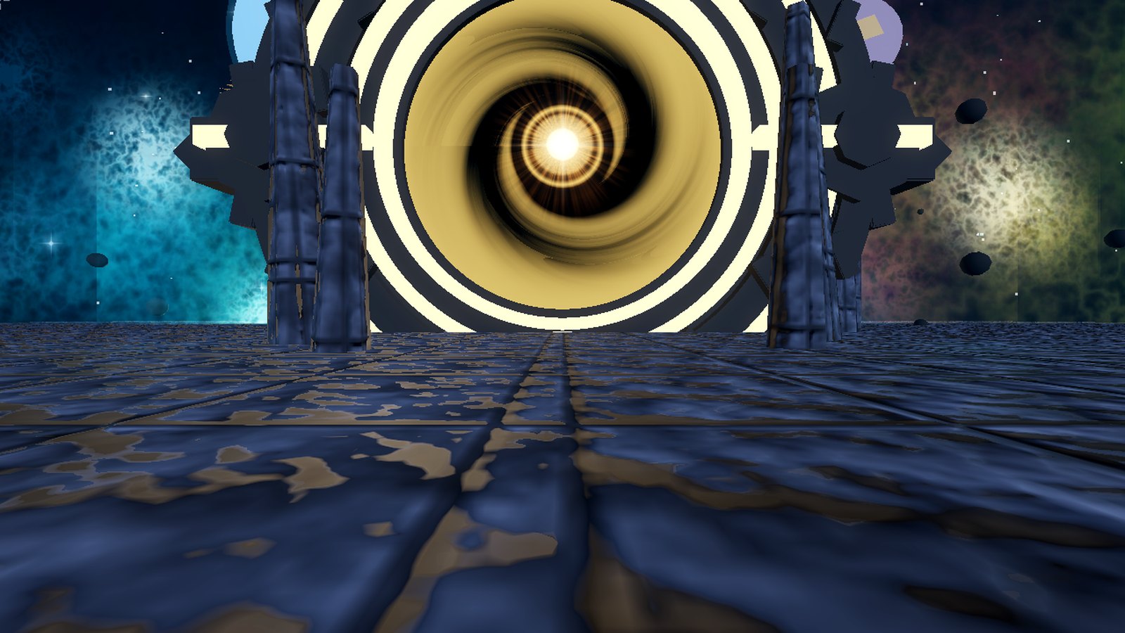 The First Portal — a colossal forged gate-ring framing a glowing spiral-galaxy vortex over a deep-space nebula, rendered in-engine
