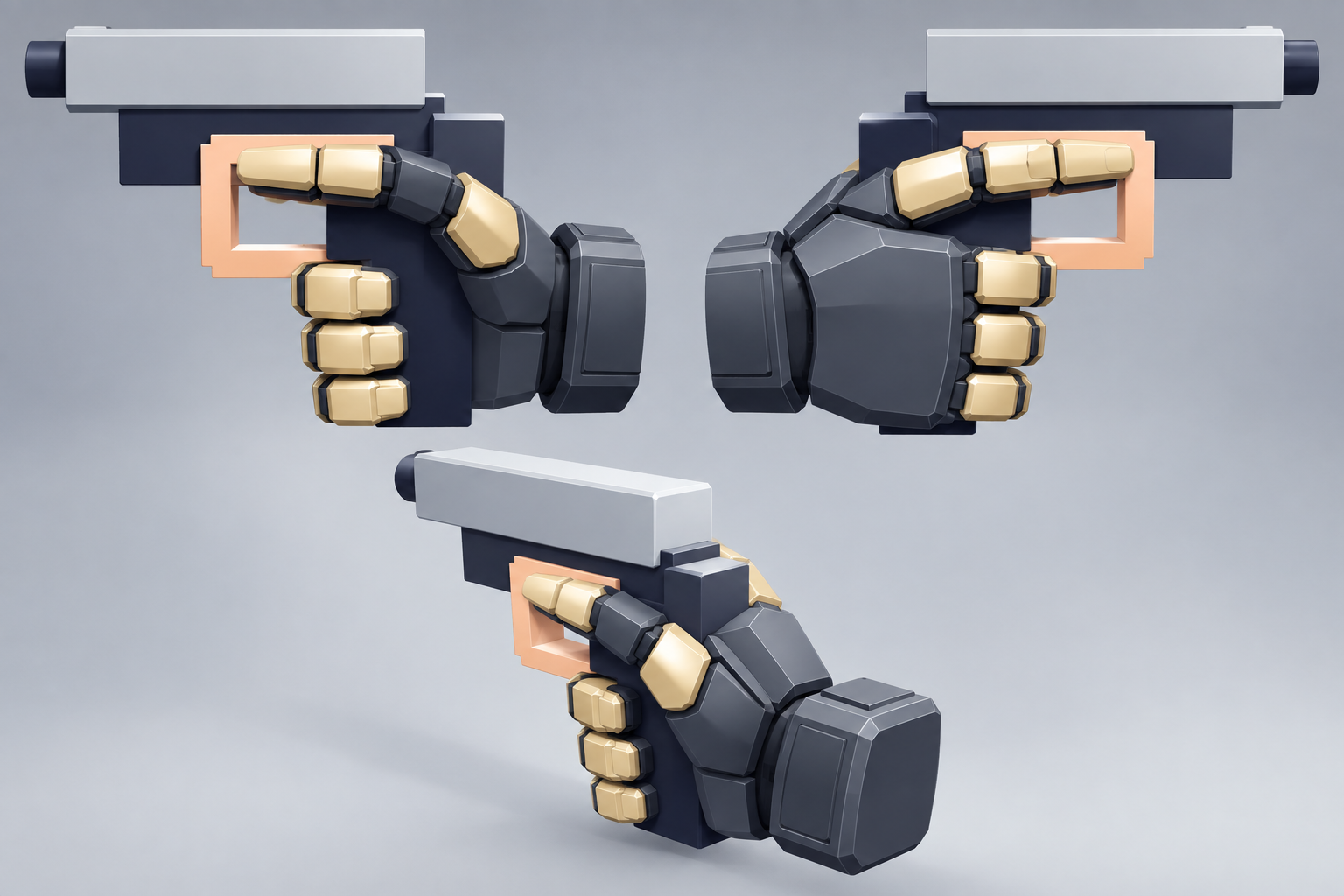 Generated concept showing a plated mechanical hand wrapped around the pistol with index finger outside the trigger guard