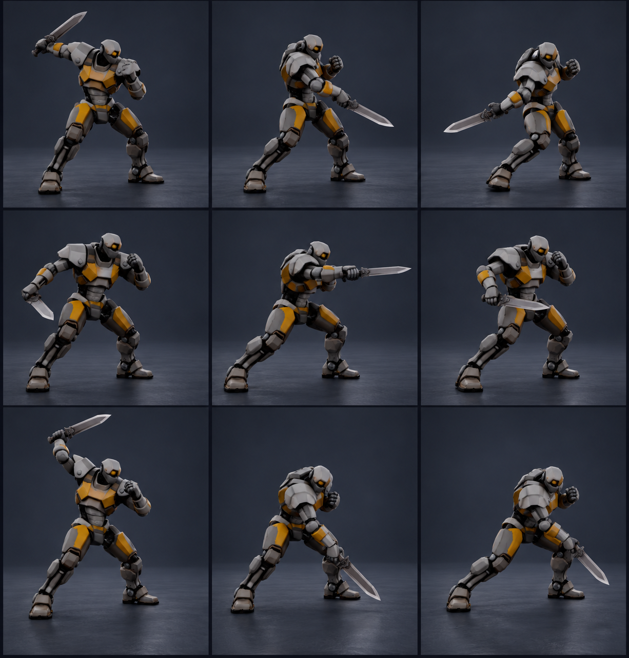 A01 melee target sheet showing anticipation, strike and recovery for slash, stab and heavy overhead attacks