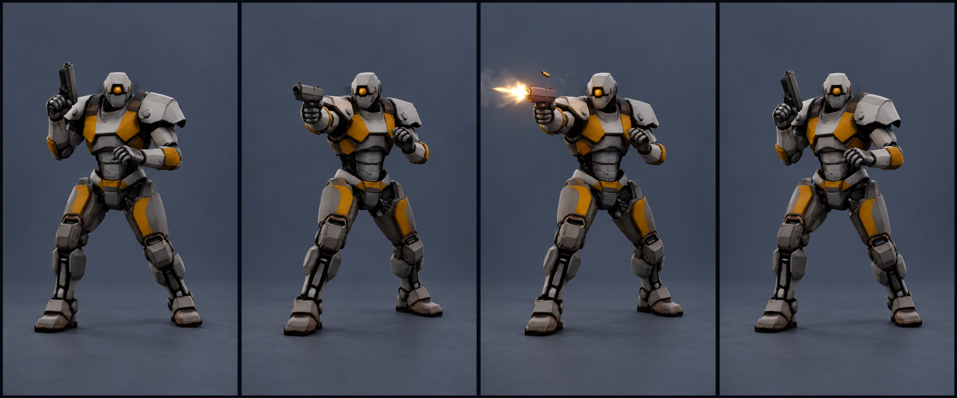 A01 pistol concept sequence showing ready, aim, firing and recovery