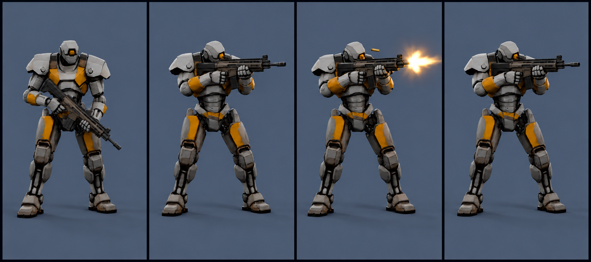 A01 revised rifle concept sequence showing low ready and shouldered aim, firing and recovery