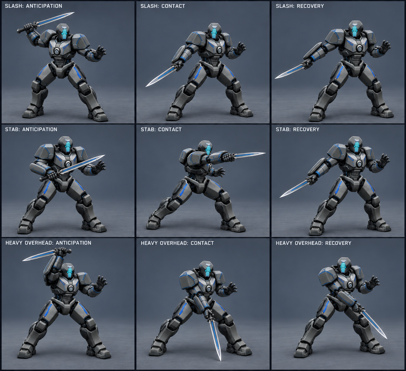 Aegis7 concept sheet for one-handed slash, stab and overhead anticipation, contact and recovery