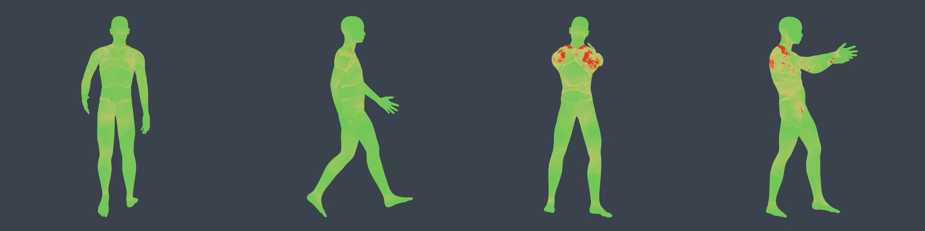 Strain heatmap: walk passing,
  aim failing, front and side