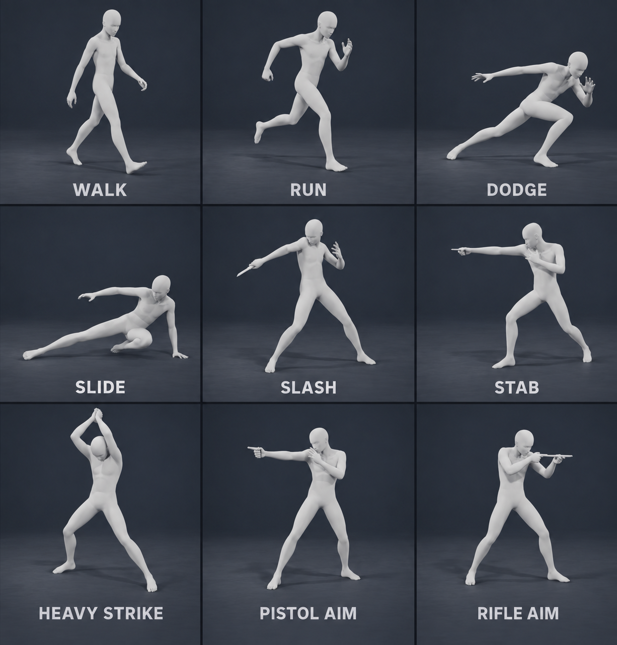 Golden-body concept targets for locomotion, dodge, slide, melee strikes and pistol/rifle aiming