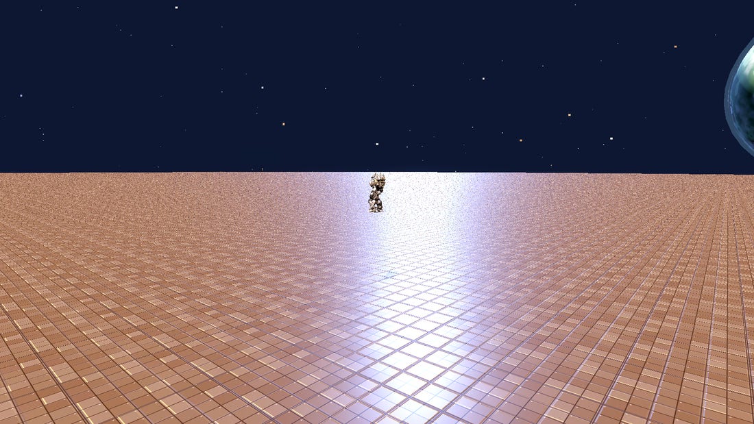 A flying power-armor trooper on approach, a planet hanging in the star field beyond