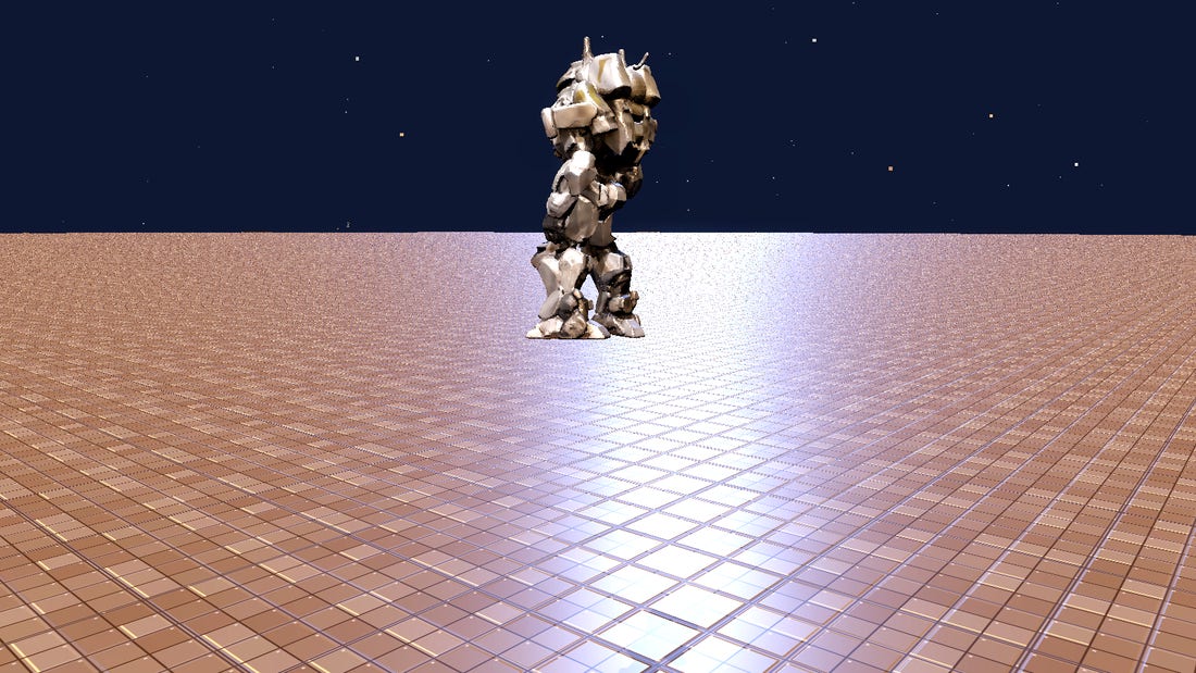 A forged flying power-armor trooper over the battlefield under a star field — the neural-forged air unit