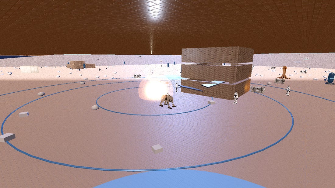 A Warhound war machine on the Siege Line — ruined bunkers, targeting rings and forged war-debris across a 480 m frontline