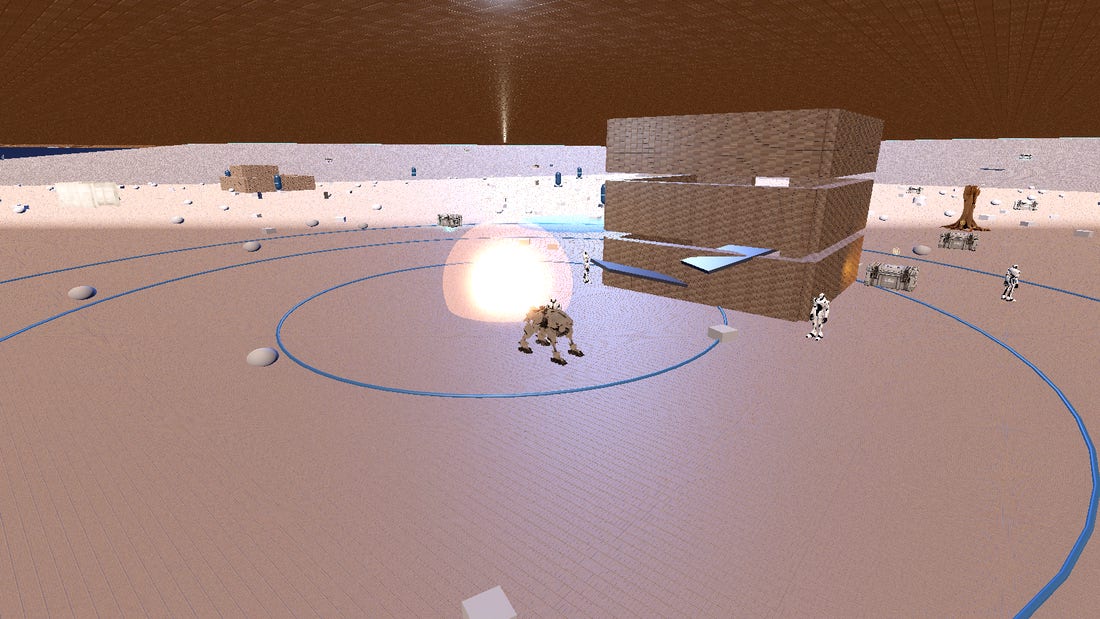 The Warhound trading fire beside a ruined bunker as flying power-armor troopers close in