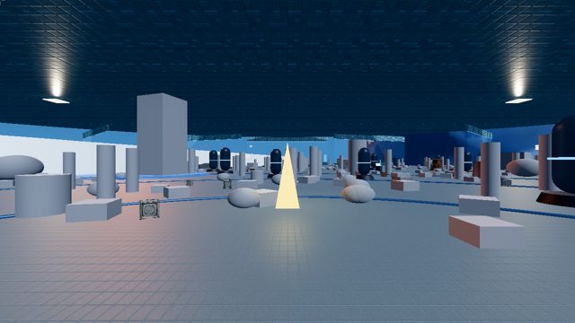 Cryo Bay Seven — enclosed ark-cryo hangar, cryo pods and pillars under a cyan ceiling