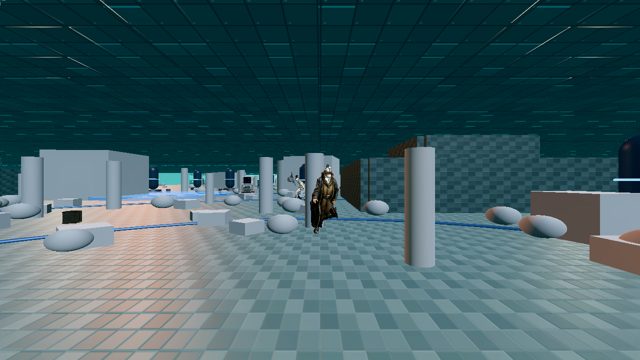 The Data-Vaults — dim teal corridor archive with a librarian NPC