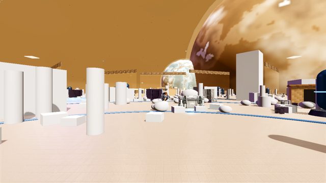 Diego Sector — domed trading pit with a market assembly and a huge planet through the glazing