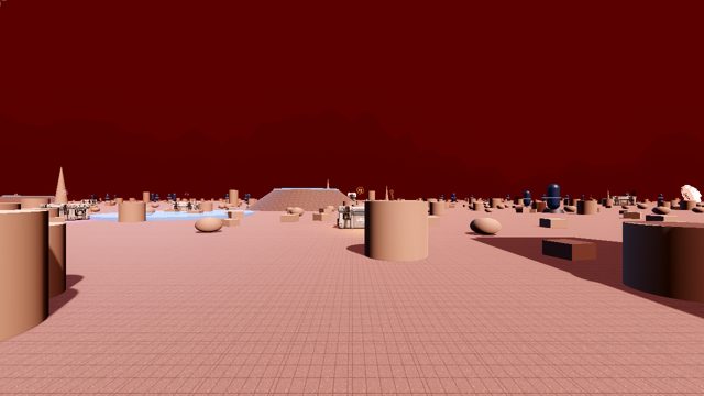Ember Wastes — open volcanic wasteland under a crimson sky, no ceiling