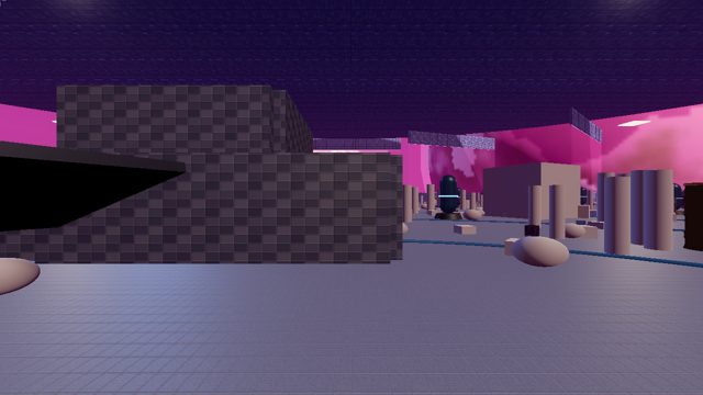Neo-Kyoto Sanctuary — neon pink and violet city district, tall checkered facades