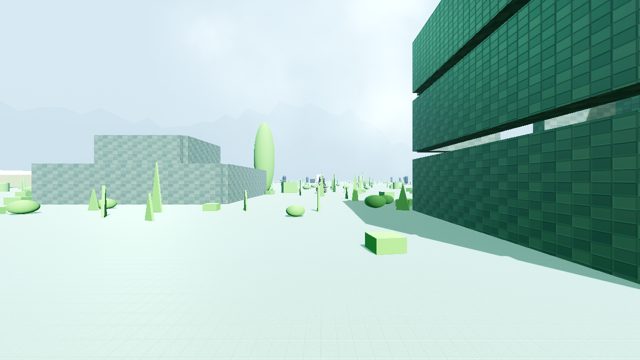 Verdant Dock — open green dockside plaza with distant mountains