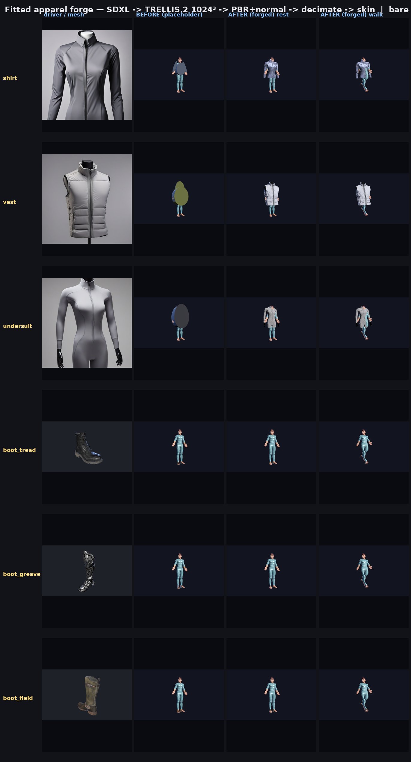 Fitted apparel forge grid — shirt, vest, undersuit, boots — driver vs forged on body at rest and walk