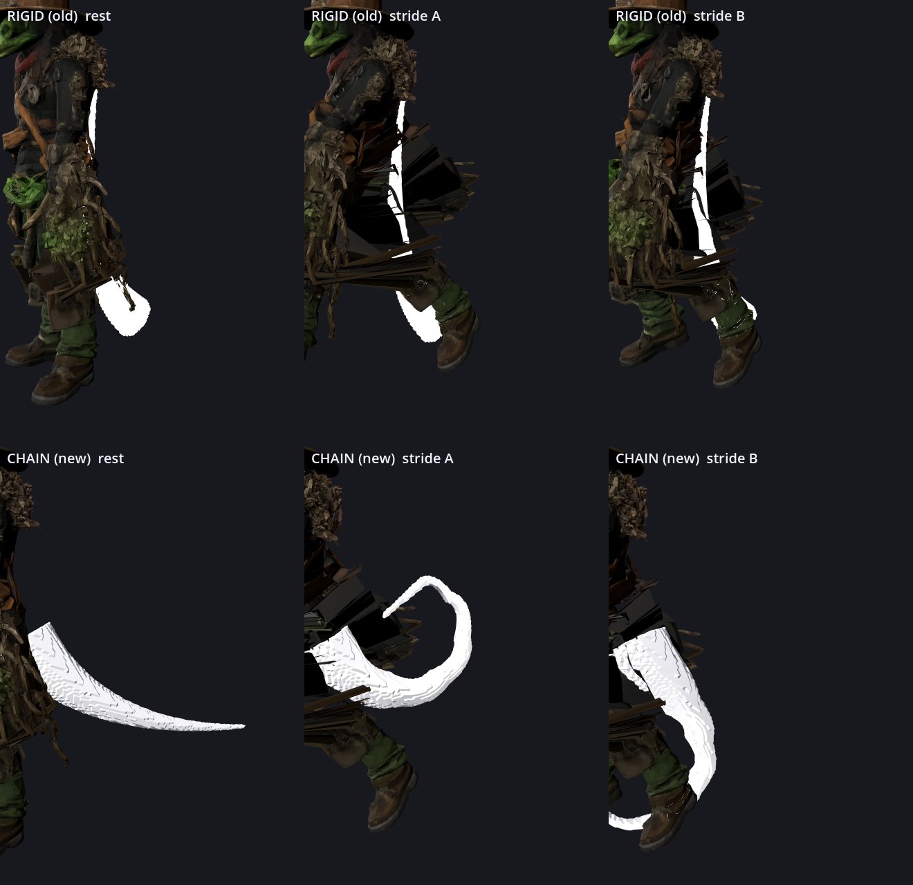 Reptilian tail before/after — old rigid tail snaps, new chain curls and flexes with motion